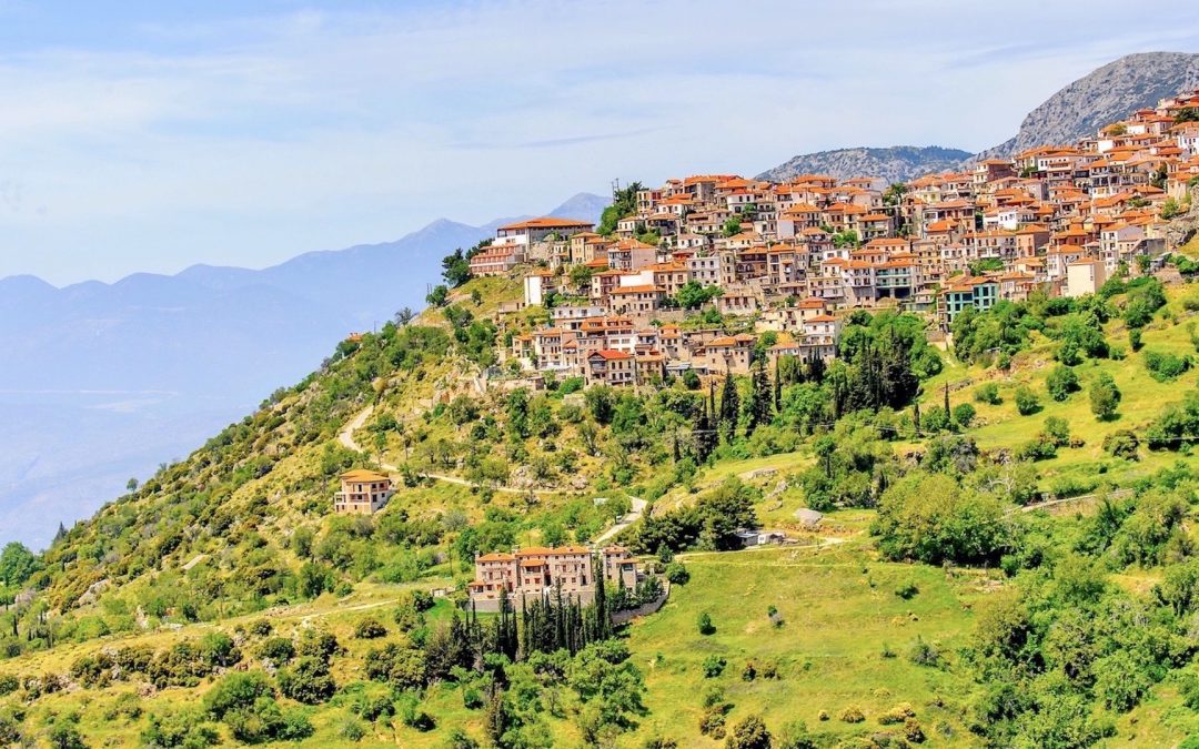 Travelling Arahova - Houses of Arachova, Greece. A village on the green slopes of Parnassus Mountains, Greece