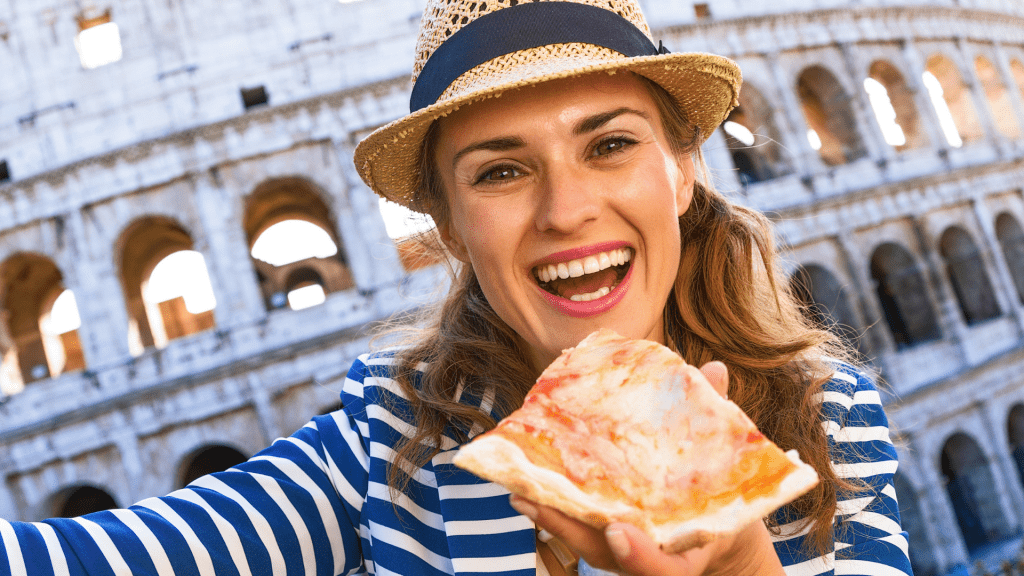 See Europe - Traveller in Rome with Pizza